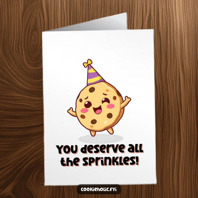 Funny Free Printable Congratulations Card: Cookie Character in Party Hat Spinning Joyfully to Celebrate an Occasion