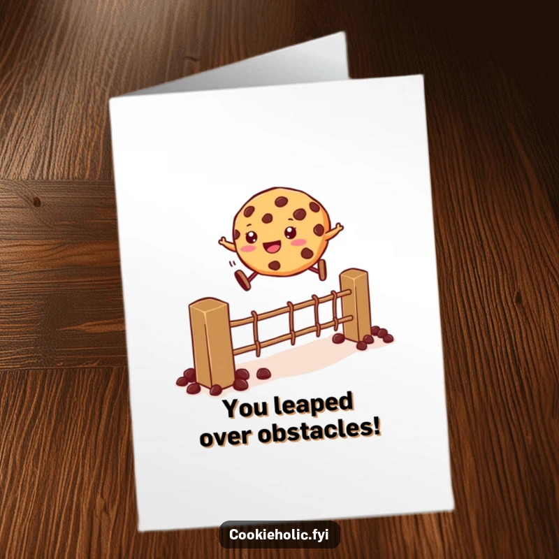 Free Printable Congratulations Card: A cookie in mid-air, gracefully leaping over a fence made of delicious chocolate chips, celebrating success.