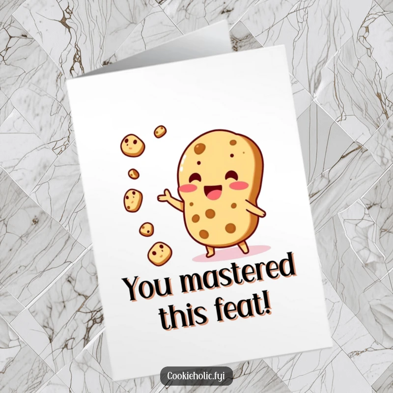 Funny Free Printable Congrats Card: A Kawaii cookie character skillfully juggling multiple smaller cookie pieces with glee.