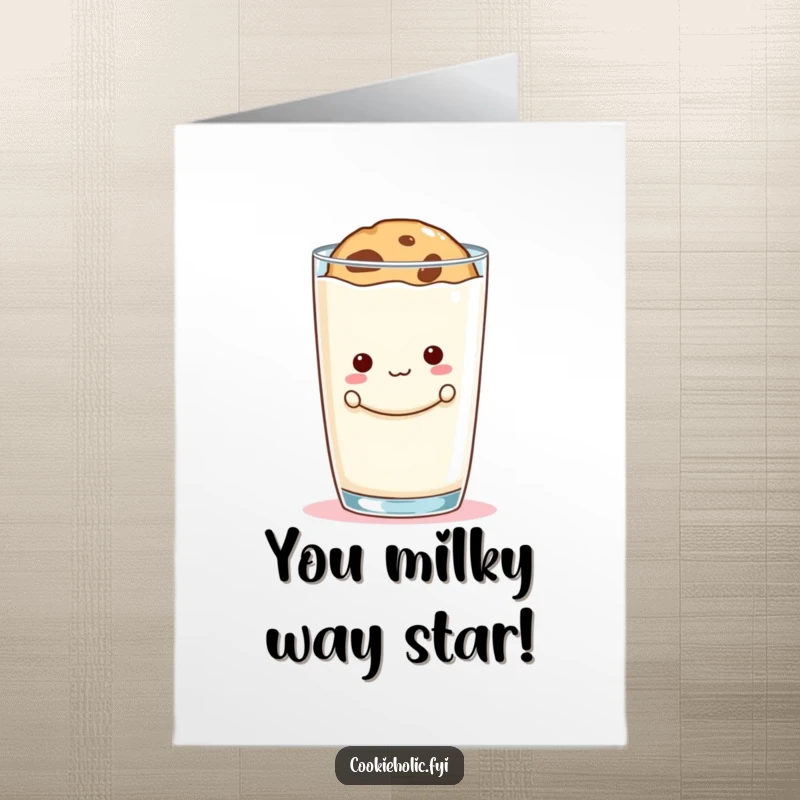 Funny Free Printable Congratulations Card: A cookie peeking mischievously from behind a giant milk glass, ready to celebrate.