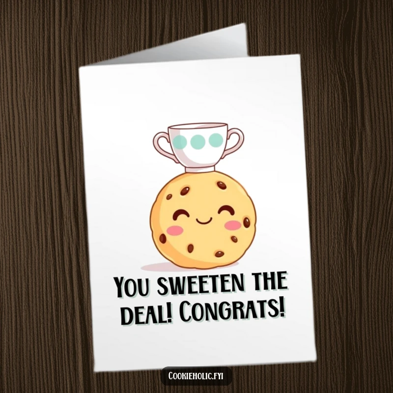 Funny Free Printable Congratulations Card: a cookie with a frosting smile expertly balancing a miniature teacup on its head.