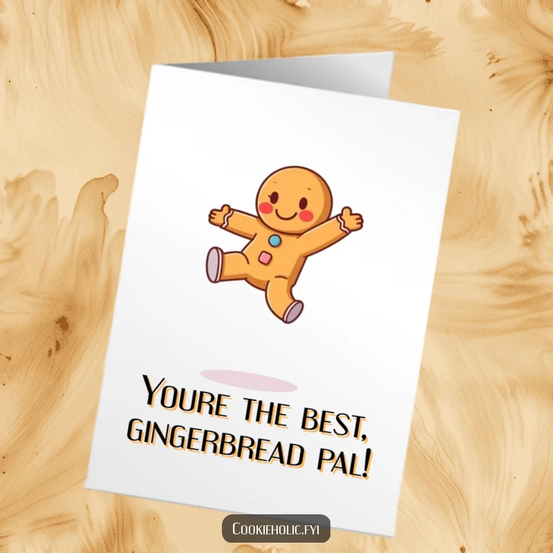 Funny Free Printable Congratulations Card: Happy gingerbread man with frosting buttons doing a joyful cartwheel, celebrating achievement