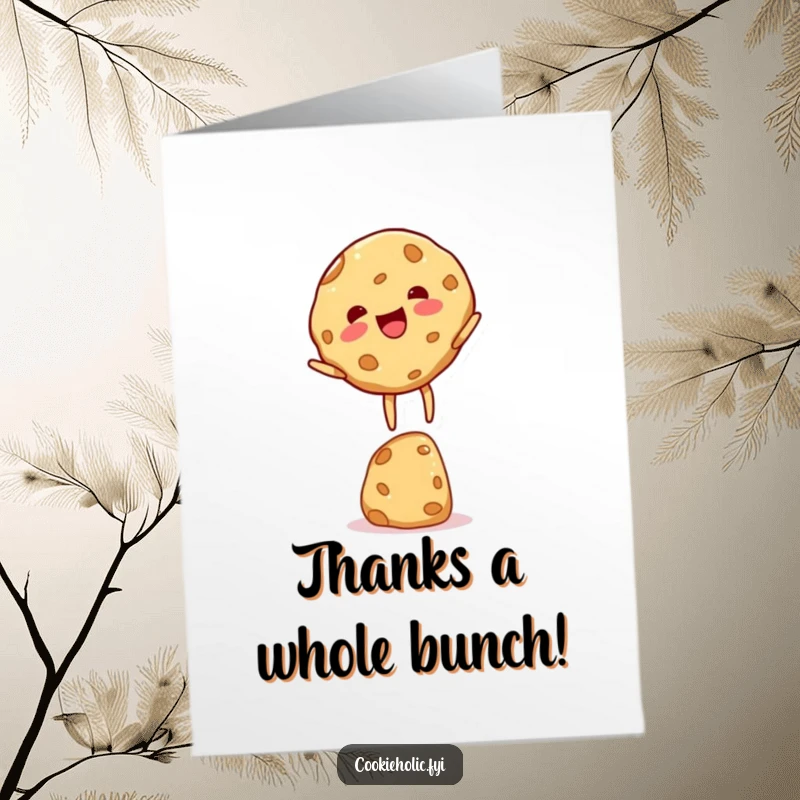 Funny Free Printable Cookie Thank You Card featuring a happy cookie character showing perfect balance and sweet gratitude.