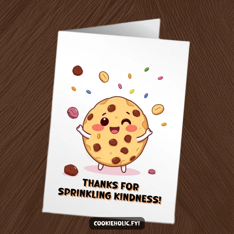 Funny Free Printable Thank You Card: Giggling chocolate chip cookie juggling small candy sprinkles, expressing gratitude with fun