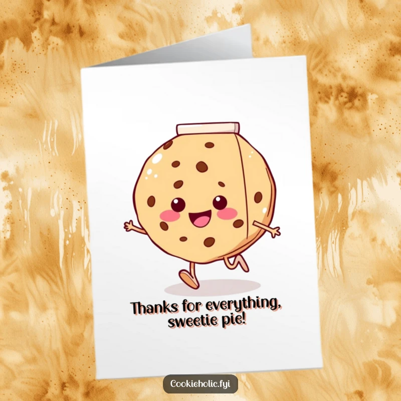 Funny Free Printable Thank You Card: Smiling cookie with little legs sprinting excitedly towards a giant milk carton, gratefulness expressed