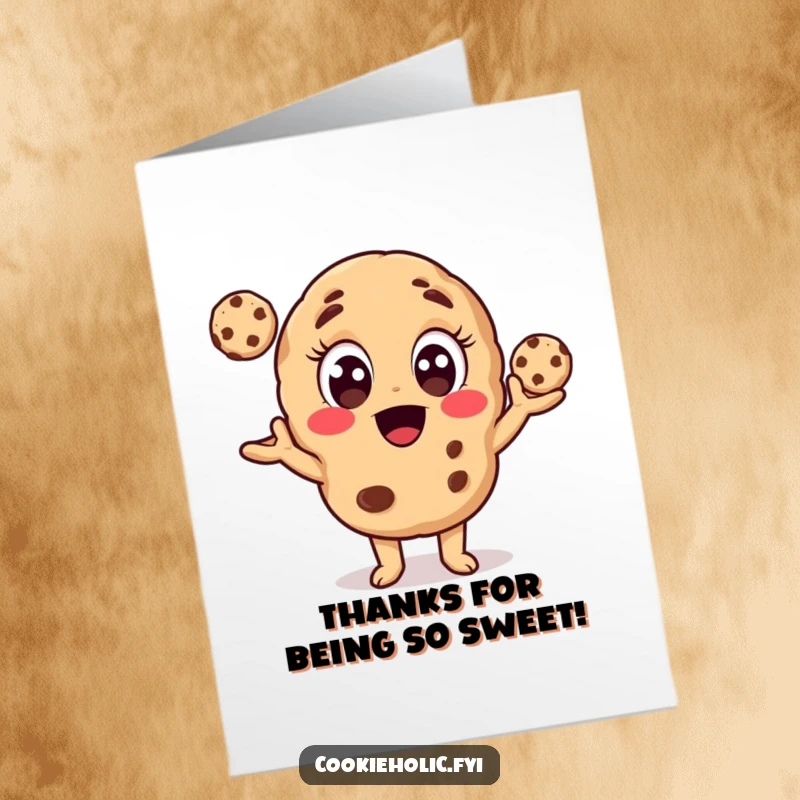 Funny Free Printable Thank You Card: A cookie character with wide eyes expertly juggles mini cookies, a sweet DIY gesture.