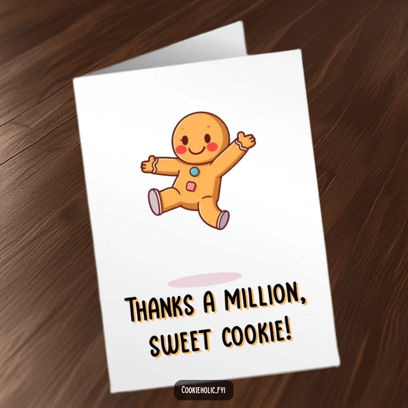 Funny Free Printable Thank You Card: Happy gingerbread man with frosting buttons doing an energetic cartwheel, expressing thanks playfully