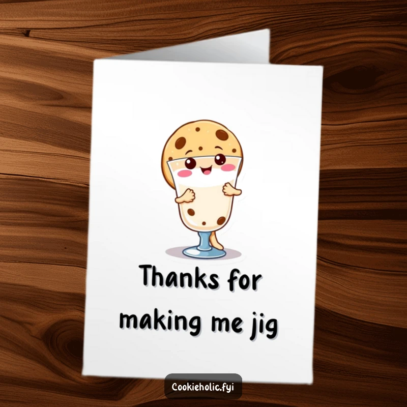 Funny Free Printable Thank You Card: Adorable kawaii cookie character performing a joyful jig around milk, a sweet thank you gesture.