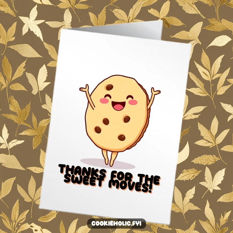 Funny Free Printable Thank You Card: a smiling cookie attempting an elegant ballet pose, expressing sweet appreciation.