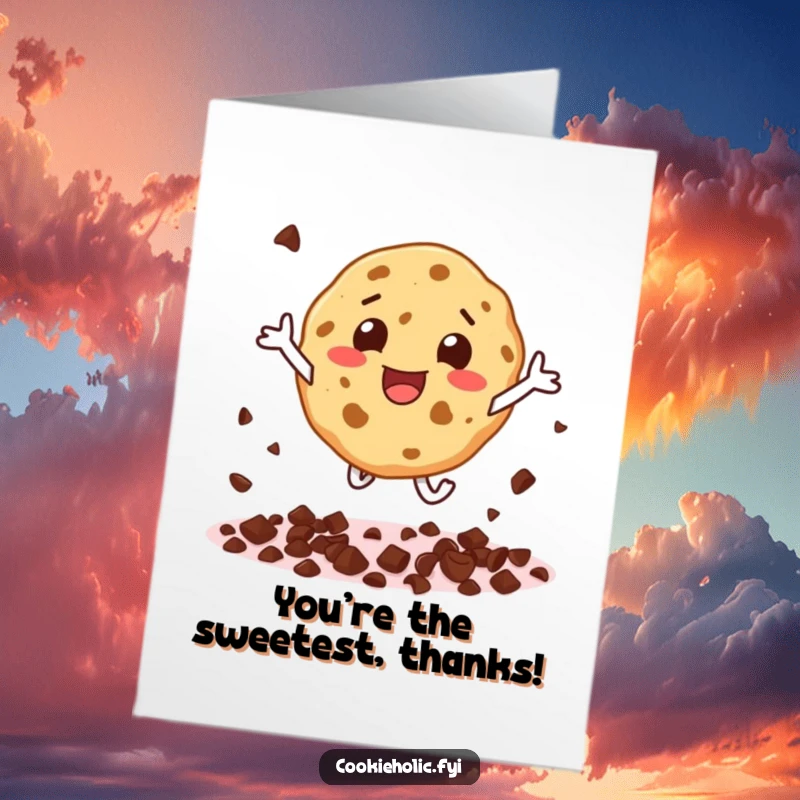 Funny Free Printable Thank You Card: Energetic Cookie Character Scattering Chocolate Chips in Appreciation