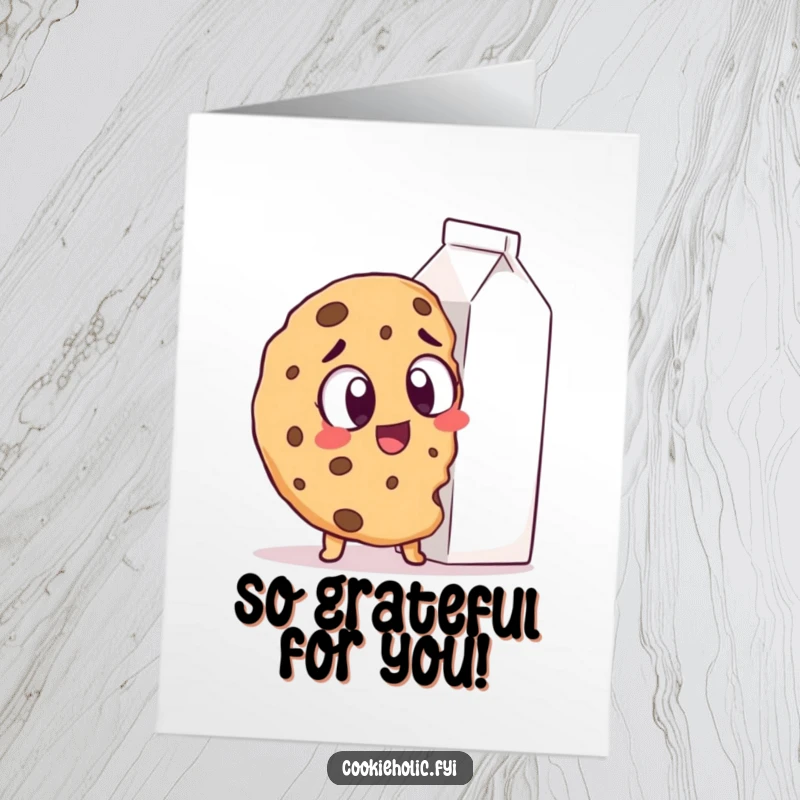 Funny Free Printable Thank You Card: A cookie with comically large, excited eyes gazes at an enormous milk carton, a symbol of pure delight.