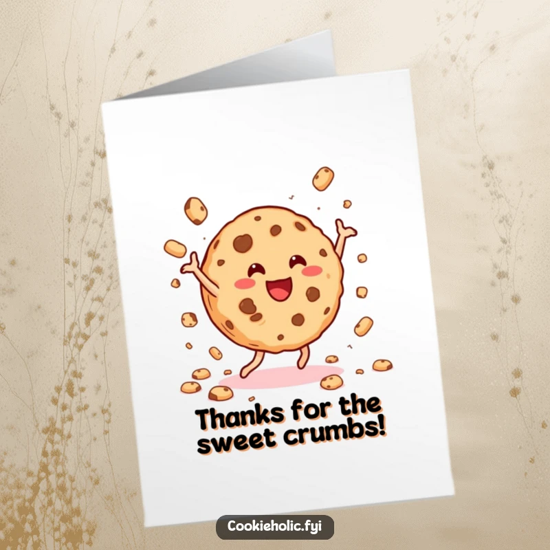 Funny Free Printable Thank You Card: A cookie dancing energetically, scattering crumbs, showing immense gratitude.