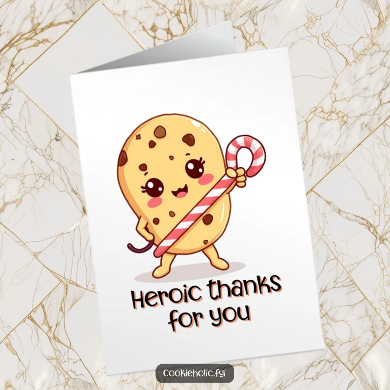 Funny Free Printable Thank You Card: A fearless Kawaii cookie character posing heroically with a candy cane sword.