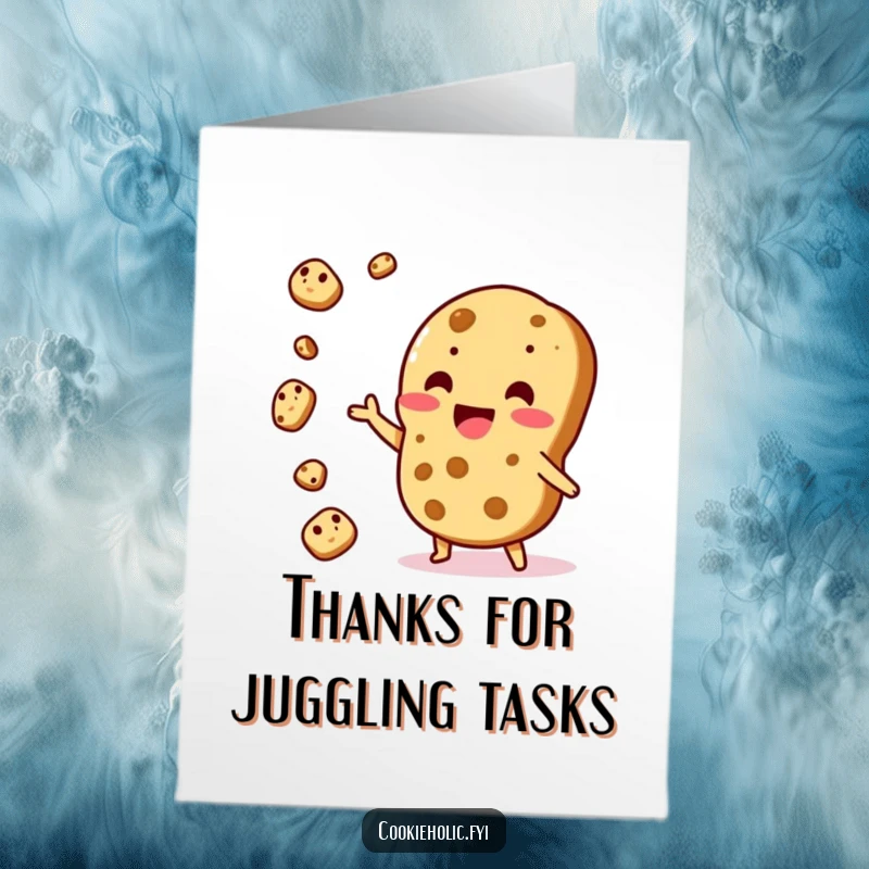 Funny Free Printable Thank You Card: A happy Kawaii cookie character juggling smaller cookie bits, showing off their skills.