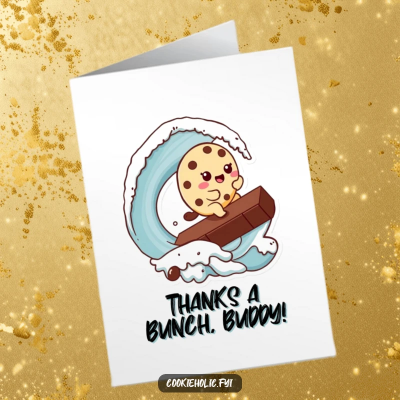 Funny free printable thank you card of a cute kawaii cookie character riding a huge chocolate chip as if it were a wave.