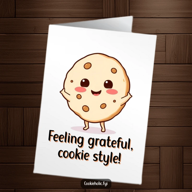 Funny free printable thank you card with a cookie doing a happy shimmy, expressing gratitude with style.