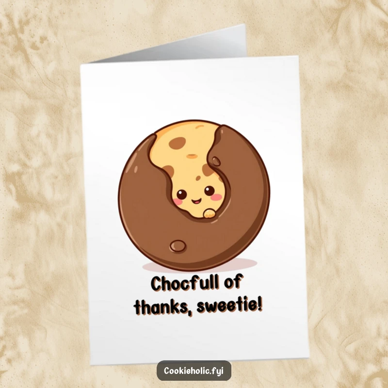 Funny Free Printable Thank You Card: a shy cookie peeking from behind a giant chocolate chip, offering a small, grateful smile.