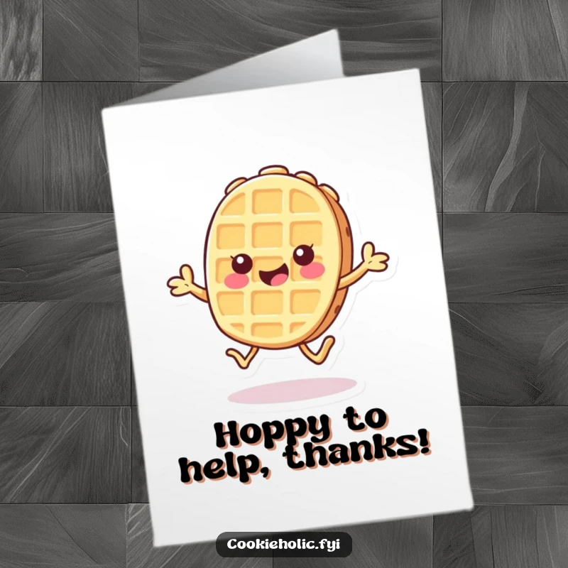 Funny Free Printable thank you card with a cute Kawaii waffle character doing a happy, playful hop.