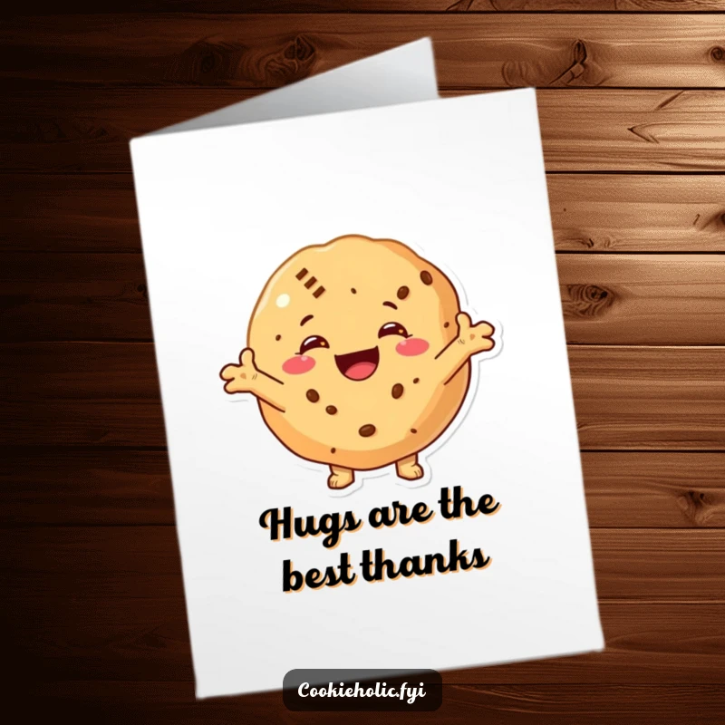 Funny Free Printable Thank You Card featuring a cookie beaming with a smile and arms outstretched, ready to give a big hug.