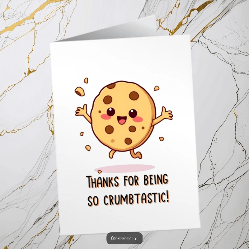 Funny free printable thank you card with a cookie character happily dancing amidst flying crumbs, expressing thanks.