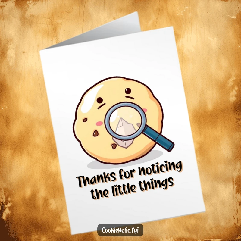 Funny Free Printable Thank You Card where a cookie character closely examines a sugar crystal with a magnifying glass.
