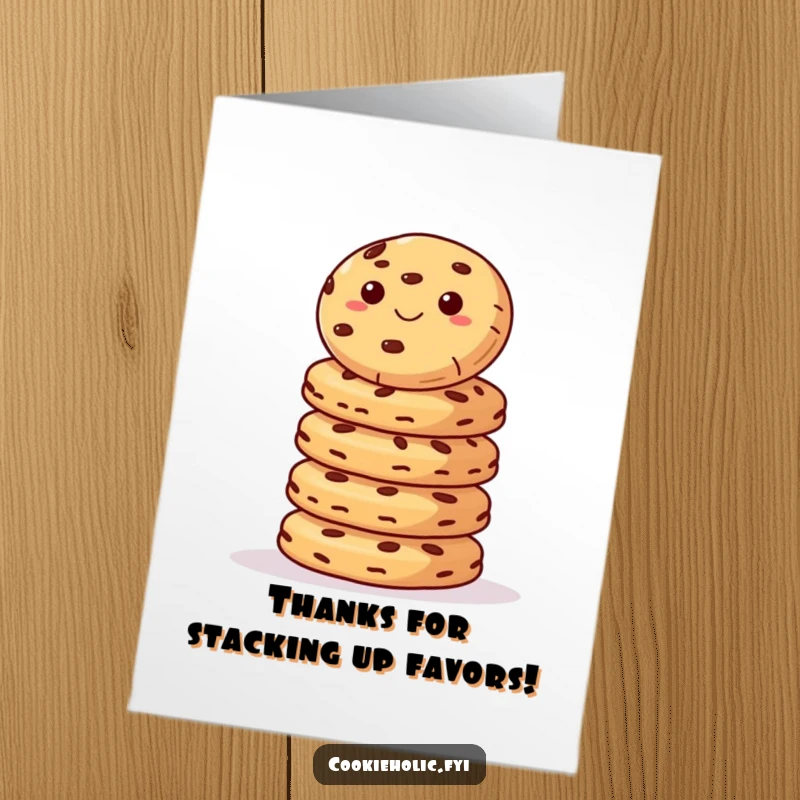 Funny Free Printable Thank You Card: A cookie artfully balanced on a tall stack of cookies, expressing sweet gratitude.