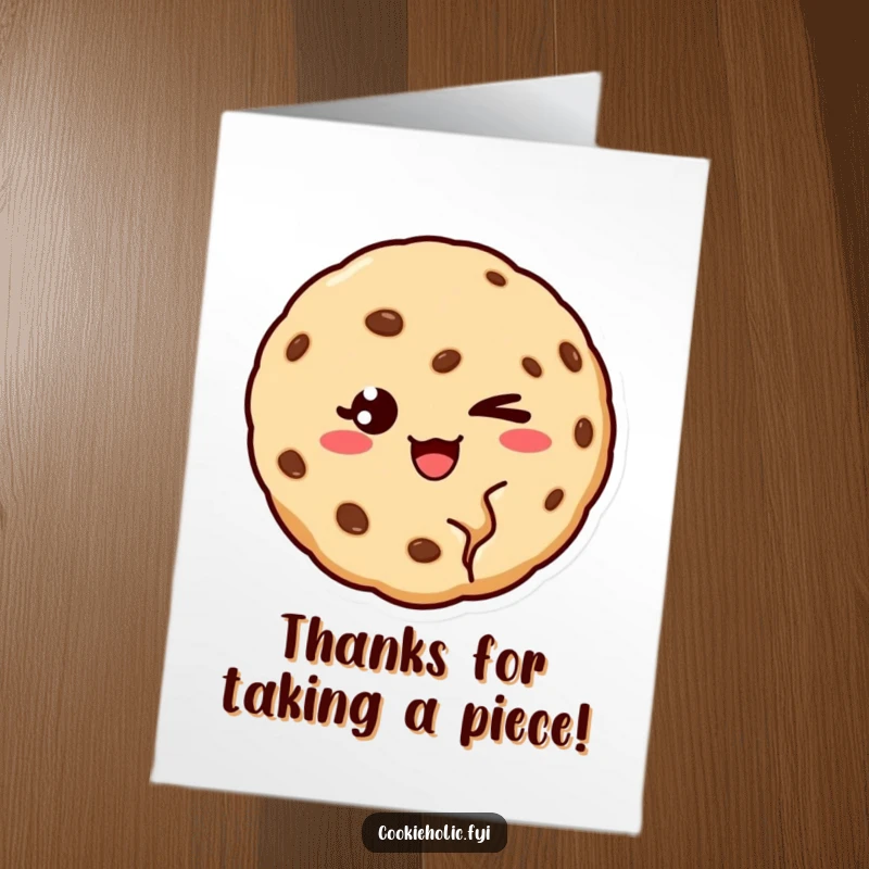 Funny free printable thank you card of a cookie with a bite mark, giving a charming wink.