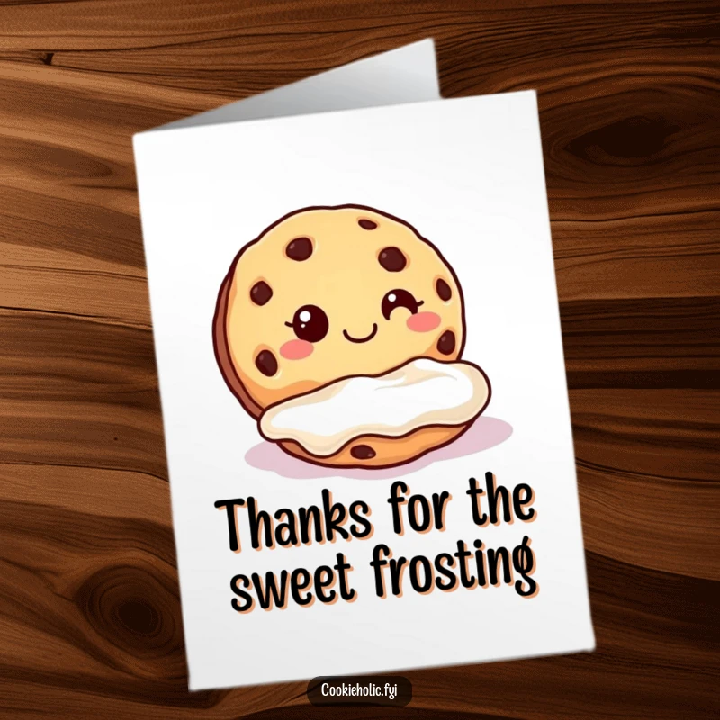 Funny Free Printable Thank You Card: A cookie with a big grin submerging itself into a delightful pool of creamy frosting.