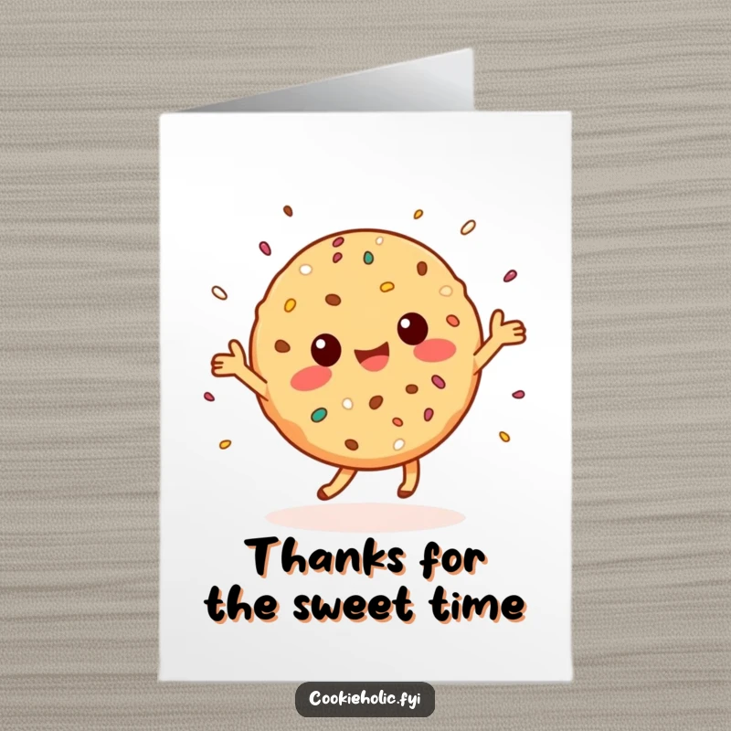 Funny Free Printable Thank You Card: Adorable Kawaii cookie character doing a happy dance, scattering sprinkles of thanks.