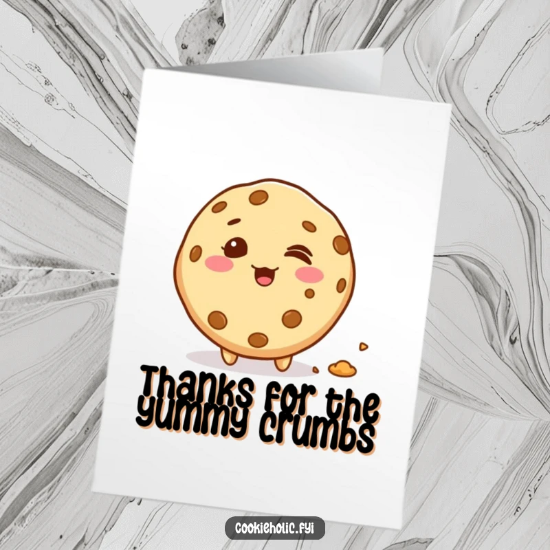 Funny Free Printable Thank You Card: Giggling kawaii cookie character leaving a trail of crumbs, a sweet and funny way to say thanks.