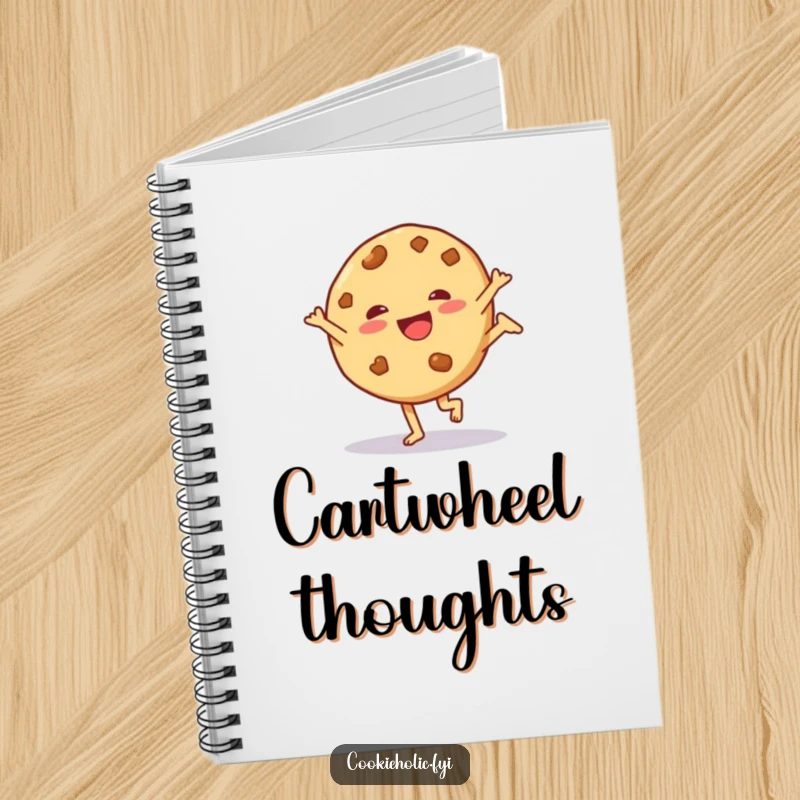 Funny notebook showcasing a cookie character doing a cartwheel, great for energetic note-taking.