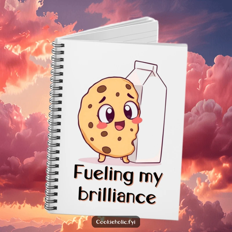 Funny Notebook: A cookie with excited eyes spots a giant milk carton, encouraging humorous and inspired note-taking.