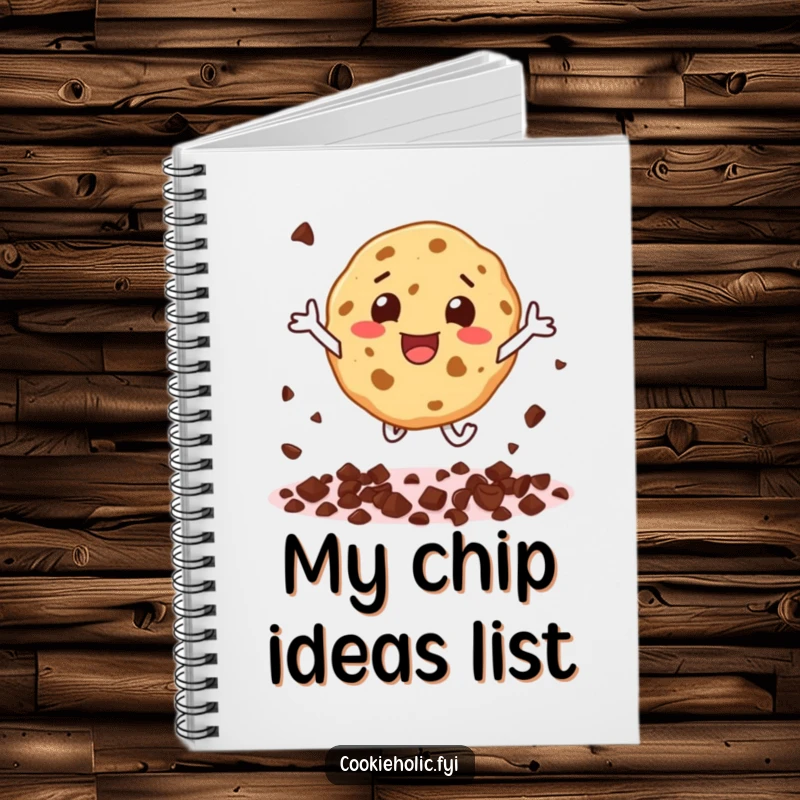Funny notebook cover featuring a cookie character scattering chocolate chips while performing an exhilarating leap.