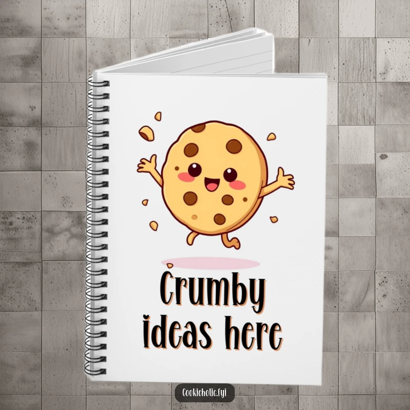 Funny notebook with a cookie character doing a happy dance, crumbs flying, ideal for note-taking and doodling.