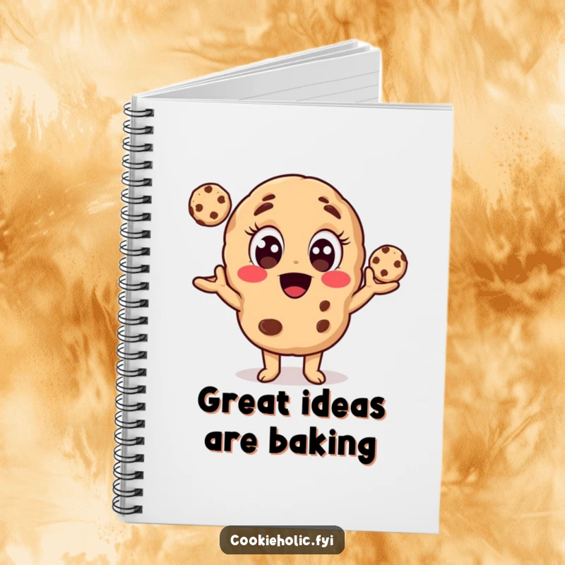 Funny notebook with a cookie character juggling cookies on the cover, perfect for notes and creative brainstorming.