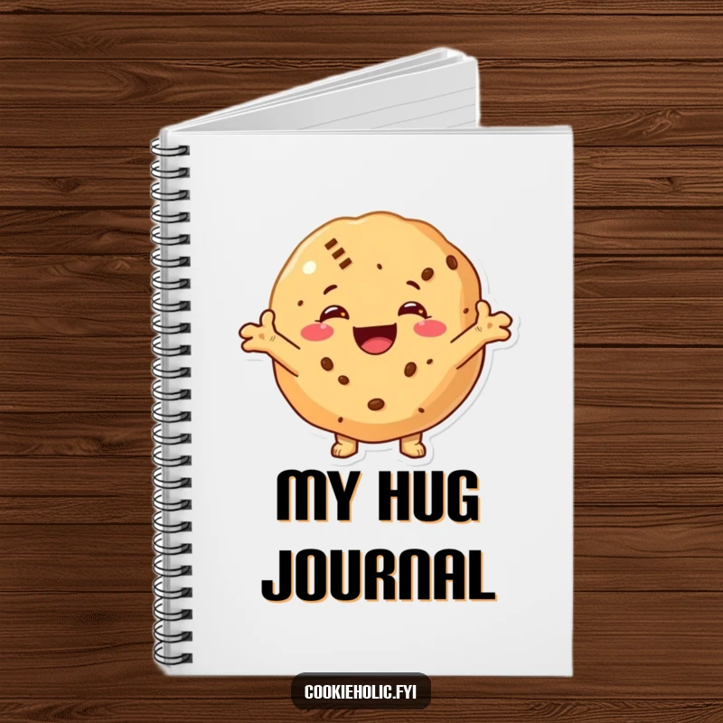 Funny notebook with a cookie character smiling and with arms outstretched, perfect for writing, drawing, and embracing ideas.