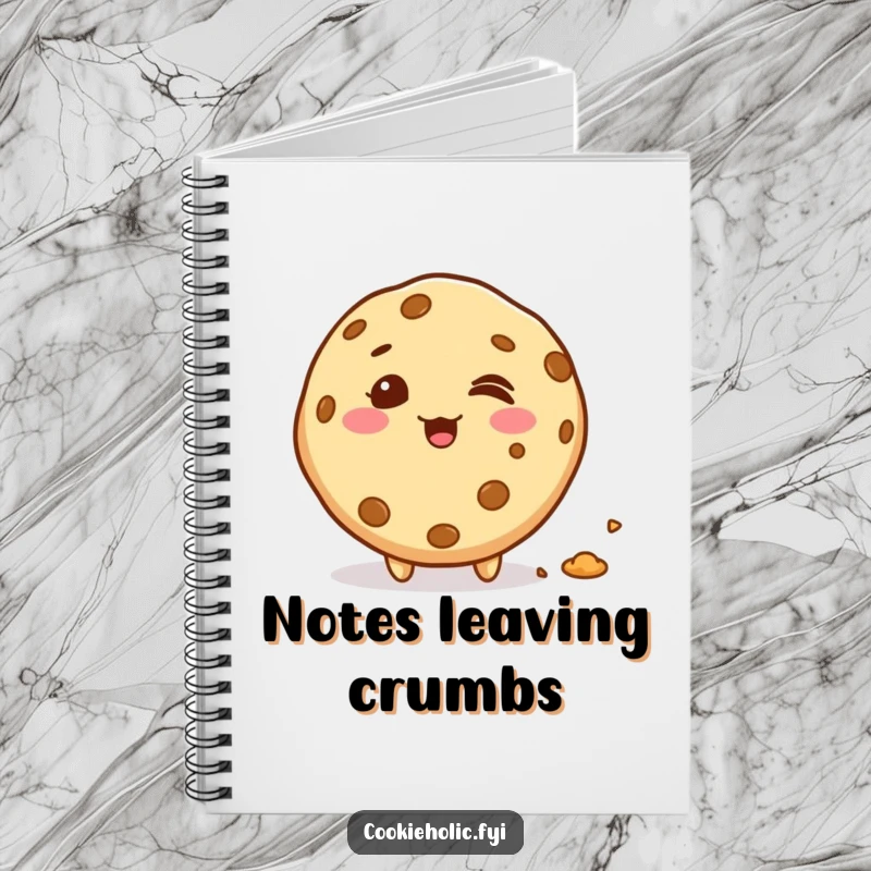 Funny giggling kawaii cookie character leaving a trail of crumbs, cute notebook for notes, perfect funny gift for snackers.