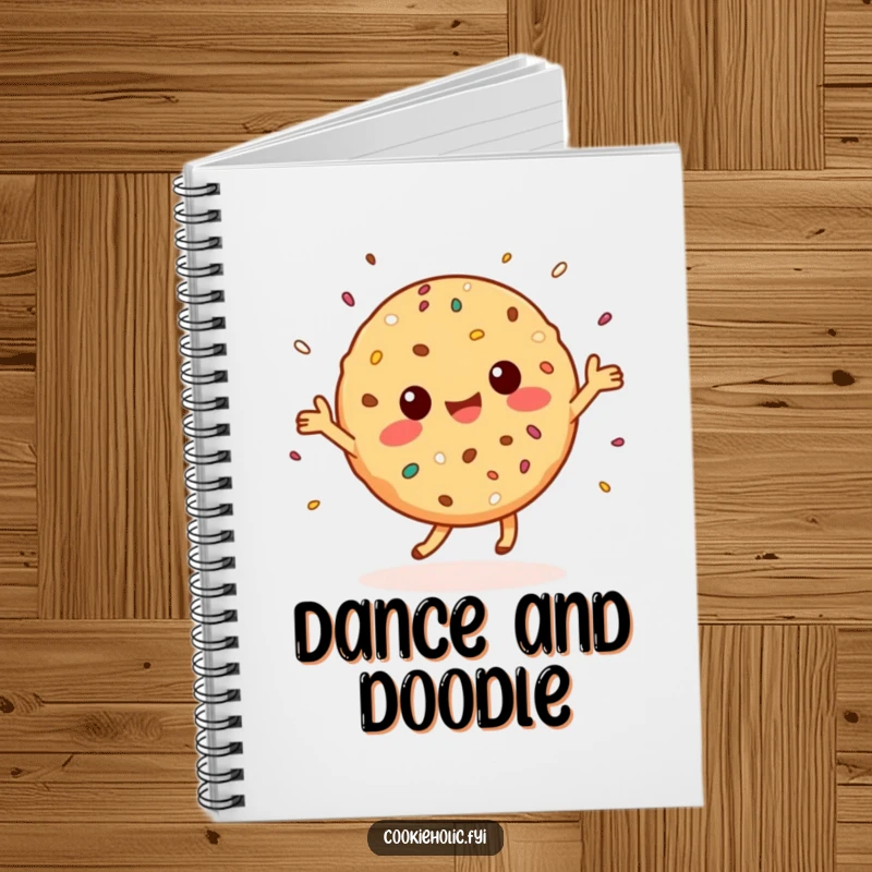 Funny Notebook: A joyful Kawaii cookie character dances, scattering sprinkles across the cover, ready for notes.