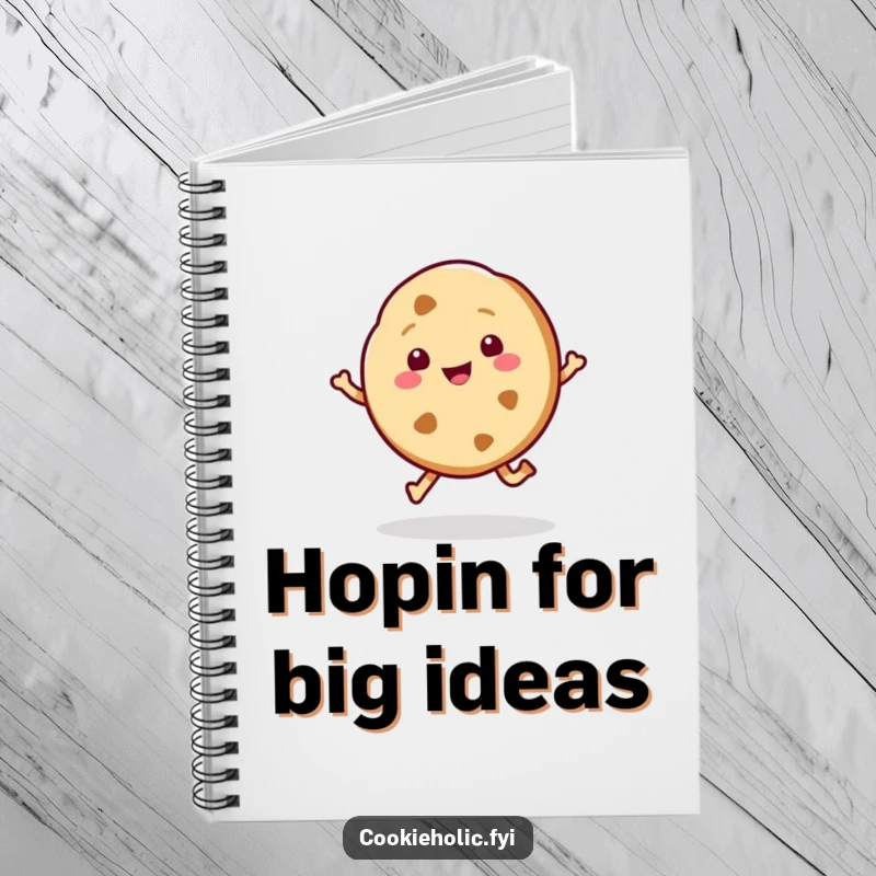 Funny kawaii notebook cover with a cookie character doing a happy hop, inspiring sweet and joyful note-taking.