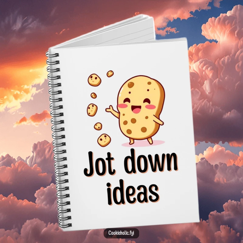 Funny Notebook: A Kawaii cookie character excitedly juggles cookie pieces, inspiring creativity and organization.