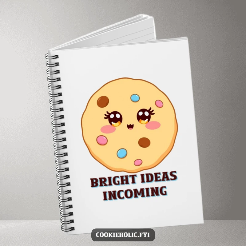 Funny notebook cover with a kawaii cookie character whose eyes sparkle like festive candy, inspiring bright ideas.