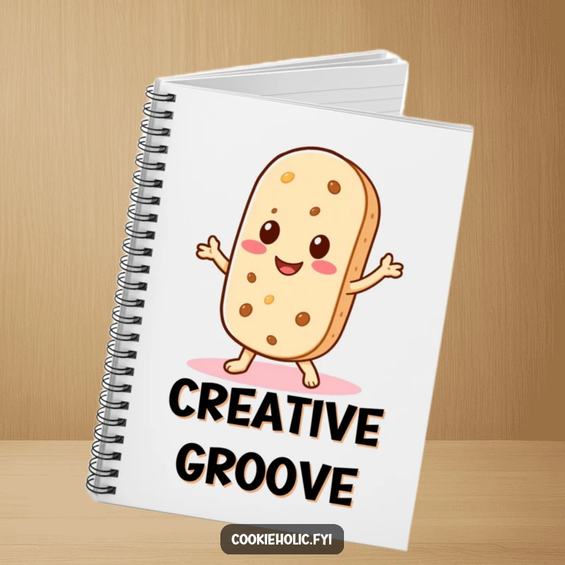 Funny notebook cover with a Kawaii wafer cookie character smiling and doing a little shimmy, perfect for fun and organized note-taking.