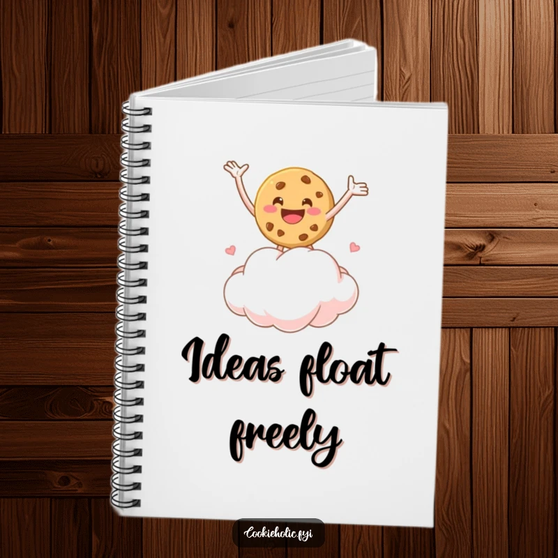Funny notebook with a cookie character bouncing on a marshmallow cloud, perfect for jotting down happy thoughts.