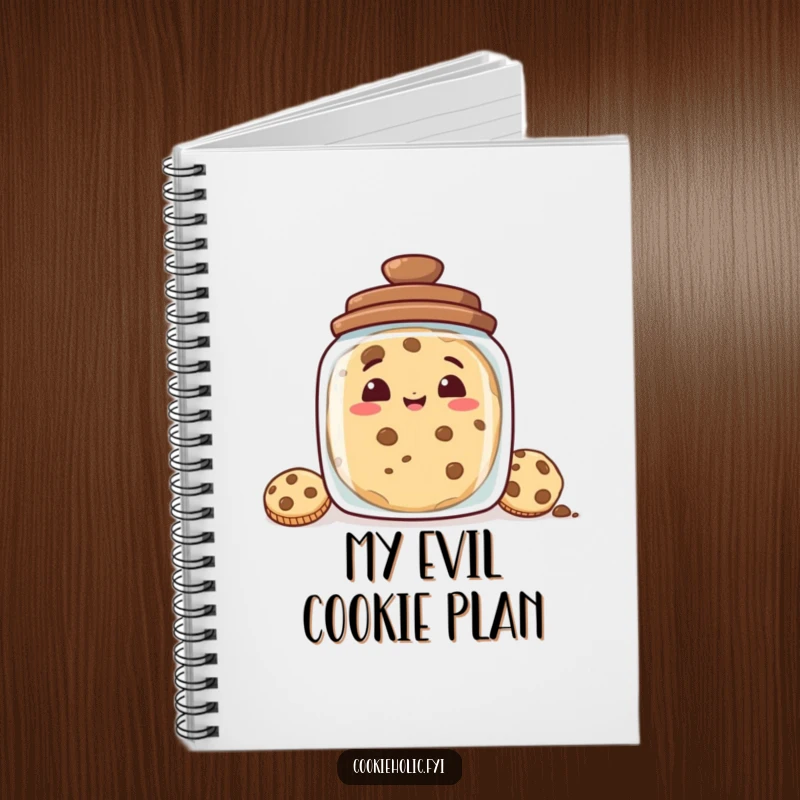 Funny notebook with a cookie's mischievous grin peeking from behind a cookie jar, perfect for writing, drawing, and capturing funny thoughts.