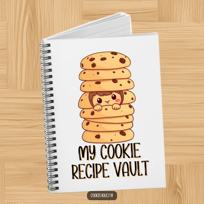 Funny cookie character peeking from behind a stack of cookies on the cover of a notebook.
