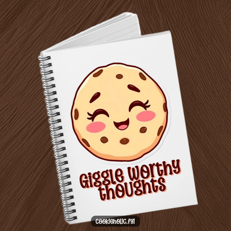 Funny notebook cover featuring a cookie character with a happy, messy face, giggling delightfully.
