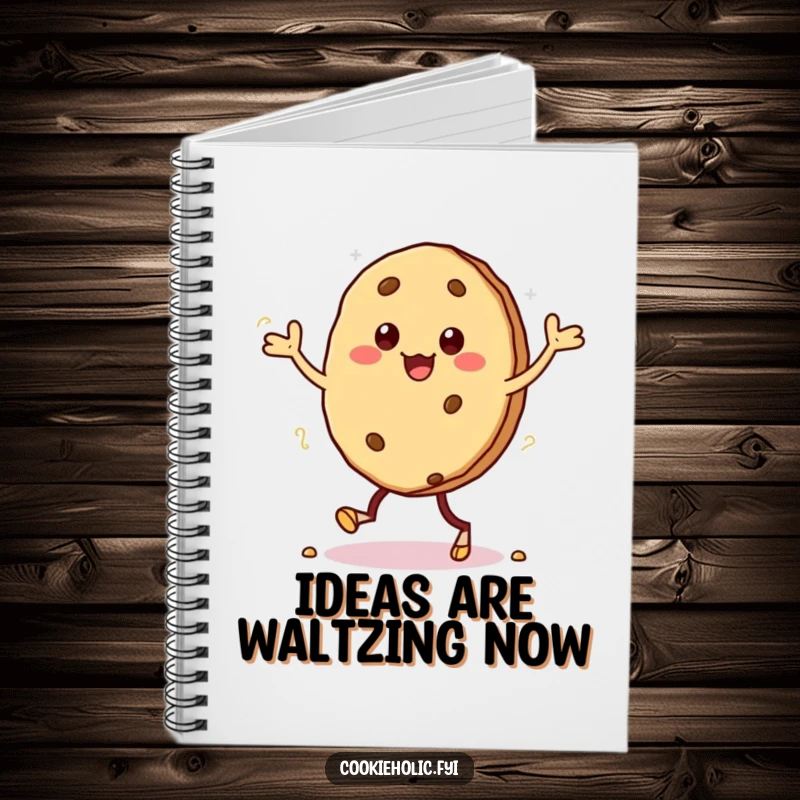 Funny notebook cover with a kawaii cookie character doing a silly jig, its crumbly feet adding a touch of fun.