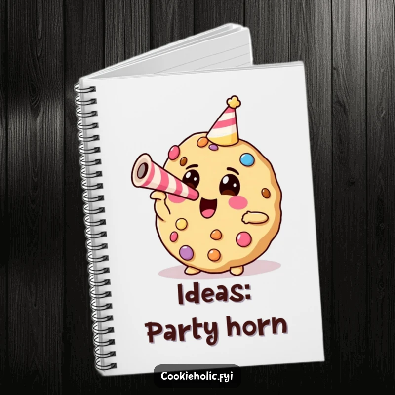 Funny cookie with candy decorations blowing a party horn, designed on the cover of a notebook for humorous writing sessions.