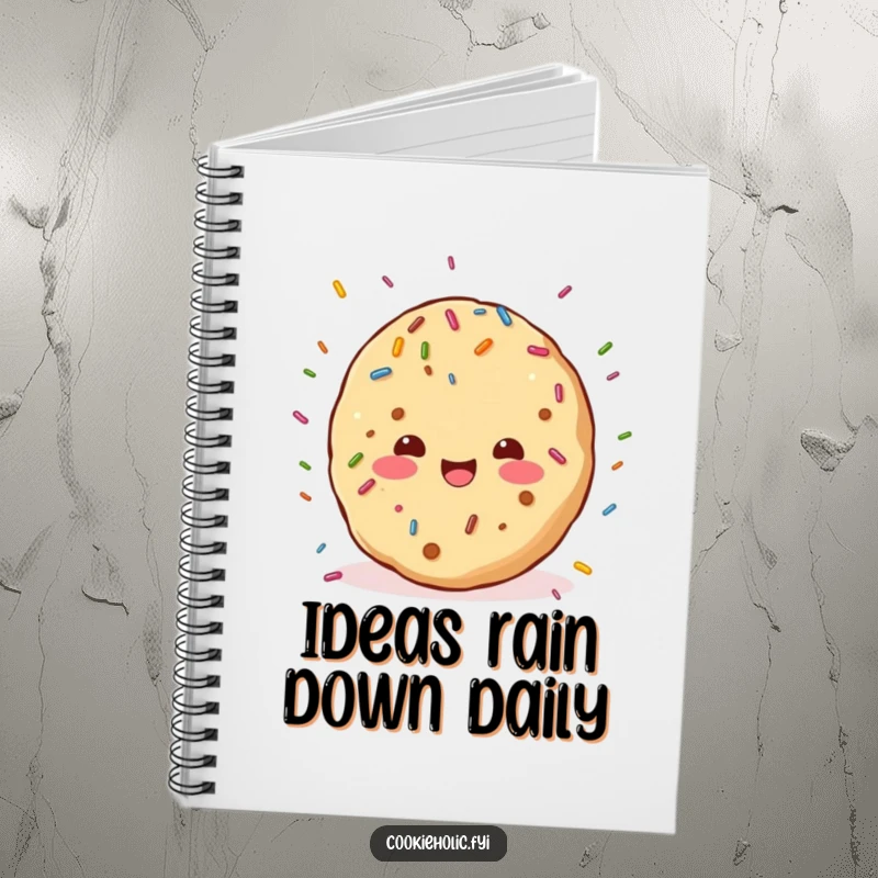 Funny notebook cover with a kawaii cookie character joyfully basking in a shower of colorful sprinkles, inspiring sweet thoughts.
