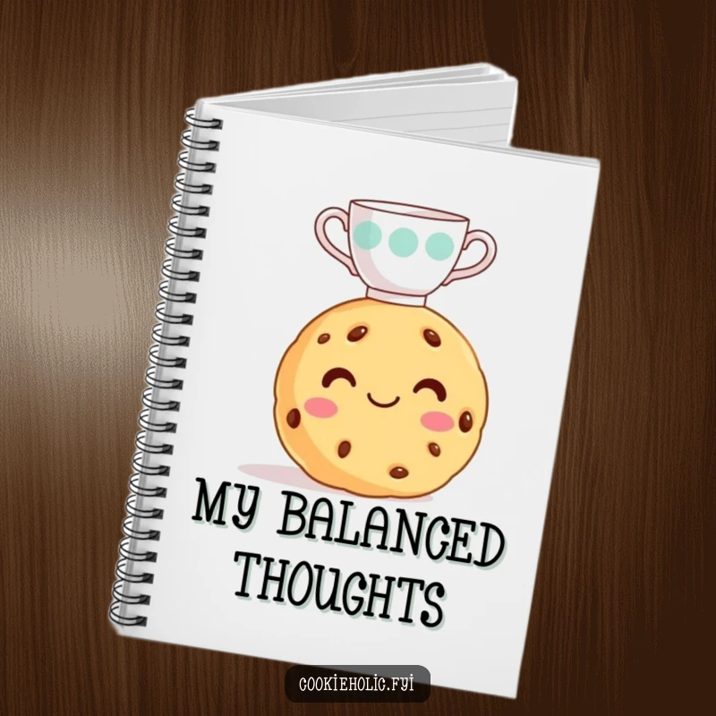Funny cookie notebook showing a smiling cookie balancing a teacup, ideal for jotting down sweet ideas.